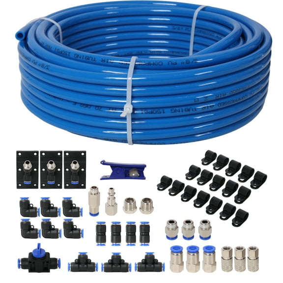 Garage Air Compressor Accessories Master Kit,3/8 Inch (9.5MM) OD × 60 Feet PU tubing,Blue Tubing