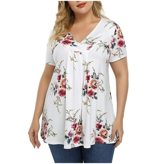 Wenini Womens Blouses and Tops Dressy Plus Size Vintage Pleated Swing Tunic Shirts Summer Floral Print Short Sleeve V-Neck Casual Shirts White XXXXL