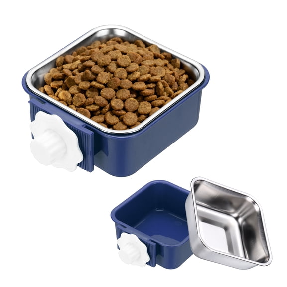 Uxcell Crate Dog Bowl, Removable Stainless Steel Pet Cage Hanging Anti-overturn Food Water Feeder Cage Cup (Square, Dark Blue, 11.1oz), Intended for Puppies/Cat/Rabbit/Bird