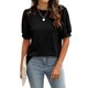 thumbnail image 3 of Camisa de media manga Empalme de encaje Cuello redondo Color puro Camiseta cómoda para mujer Negro L, 3 of 6