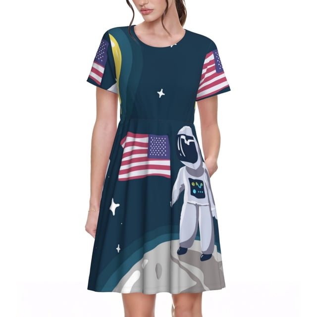 Fotbe Robe Astronaute avec Motif Drapeau USA Robe Maxi Décontractée à Manches Courtes pour Femmes Robe T-Shirt Rayée Longue à Blocs de Couleur