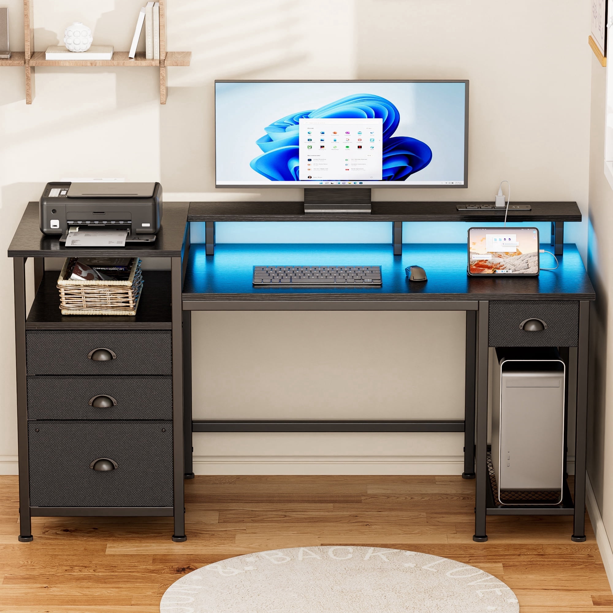 Satifur 51 Inch Black Computer Desk with Ergonomic Monitor Platform, Home Office Gaming Desk with CPU Grid Storage Rack, RGB LED Lights & Power Outlet