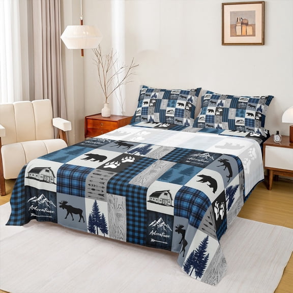 Homewish Safari Moose Bear Twin Sheet Sets,Country Farmhouse Lodge Twin Fitted Sheet,Outdoor Adventure Flat Sheet For Men Women,Ultra Soft Home Decor,3-Piece