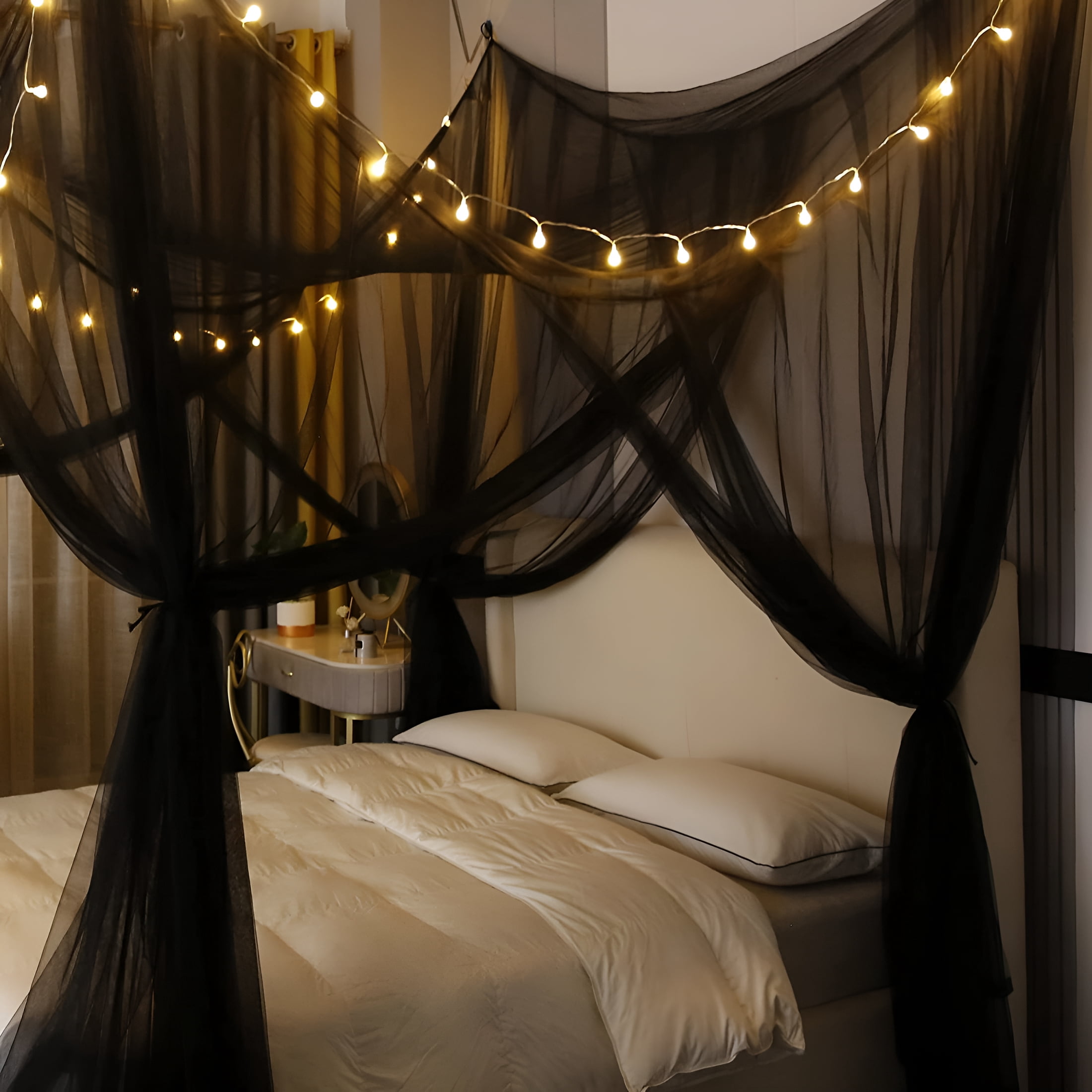 AUQ Bed Canopy,Canopy Bed Curtains Bed Drapes for Full Queen King Size Bed,Mosquito Net Bed Curtains for Patio Indoor Outdoor Net,Black Bed Canopy Curtains for Gothic