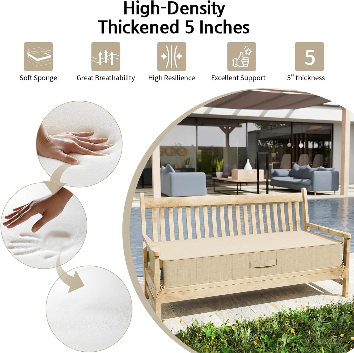 42" x 18" x5" Outdoor Olefin Water-Resistant Bench Cushion, Weather and Fade Resistant Patio Furniture Thickened Seat Pad with Handle and Adjustable Straps Ideal for Lawn