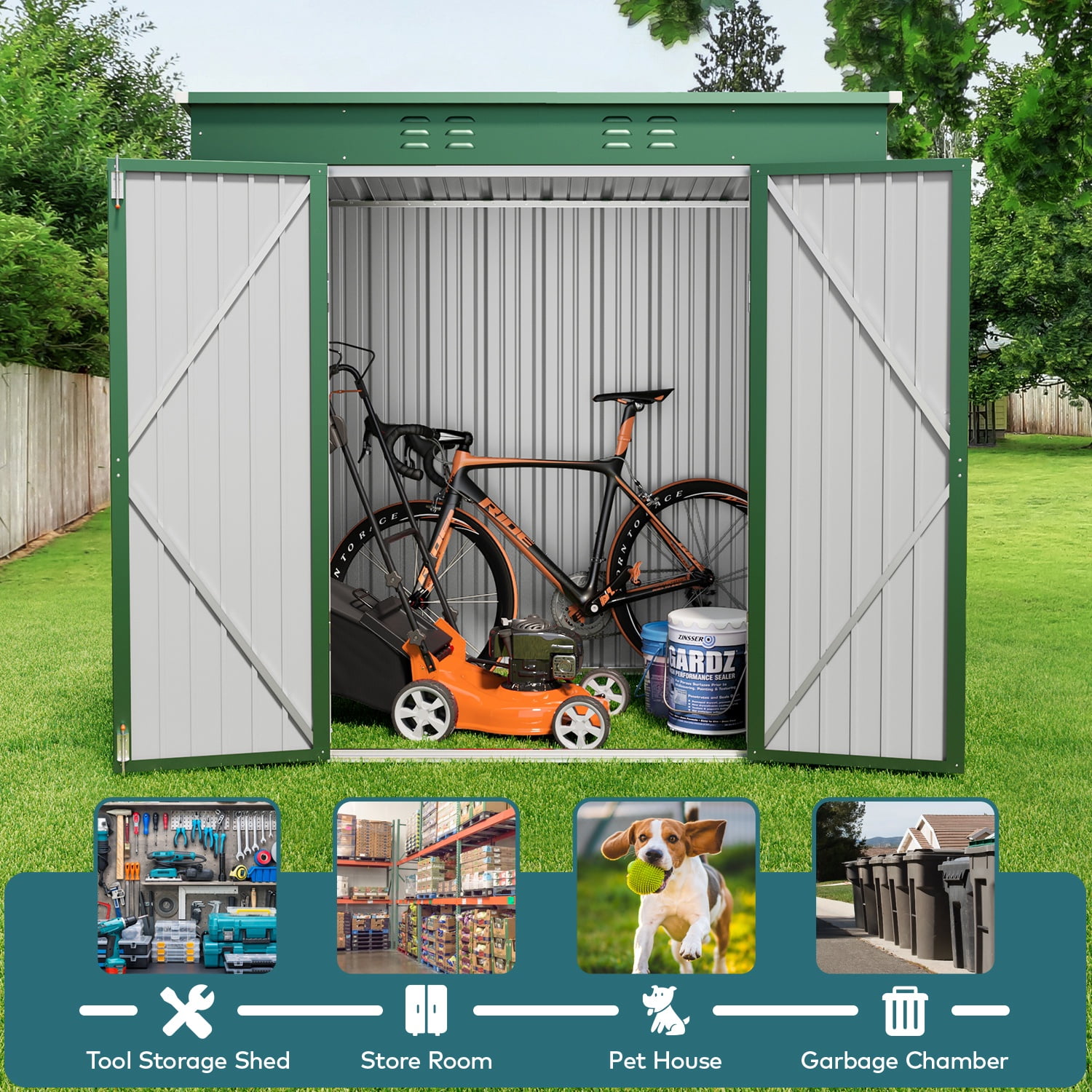 Lofka 6' x 4' Outdoor Storage Shed, Metal Garden Tool Storage Shed with Double Lockable Doors, Green