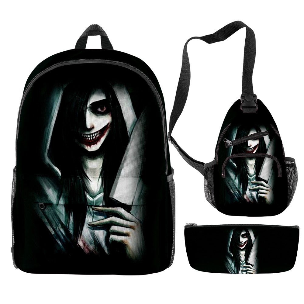 Jeff The Killer Backpacks 3 Pieces Sets Funny Student Pencil Bag 3D