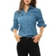 thumbnail image 5 of Blusa De Lunares Cuello Puntiagudo Bolsillos Del Pecho Botón abajo Para Mujer Azul M, 5 of 6