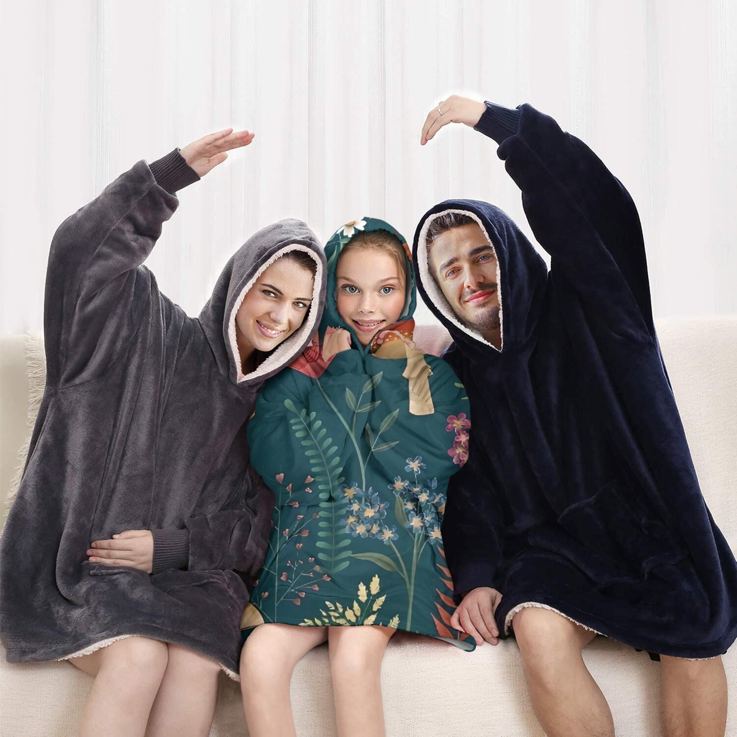 Colorful Mushroom Flower Dark Green Pattern Blanket Hoodies for Kids 6-13YR Oversize Wearable Blanket Hoodies for Boys Girls Teens