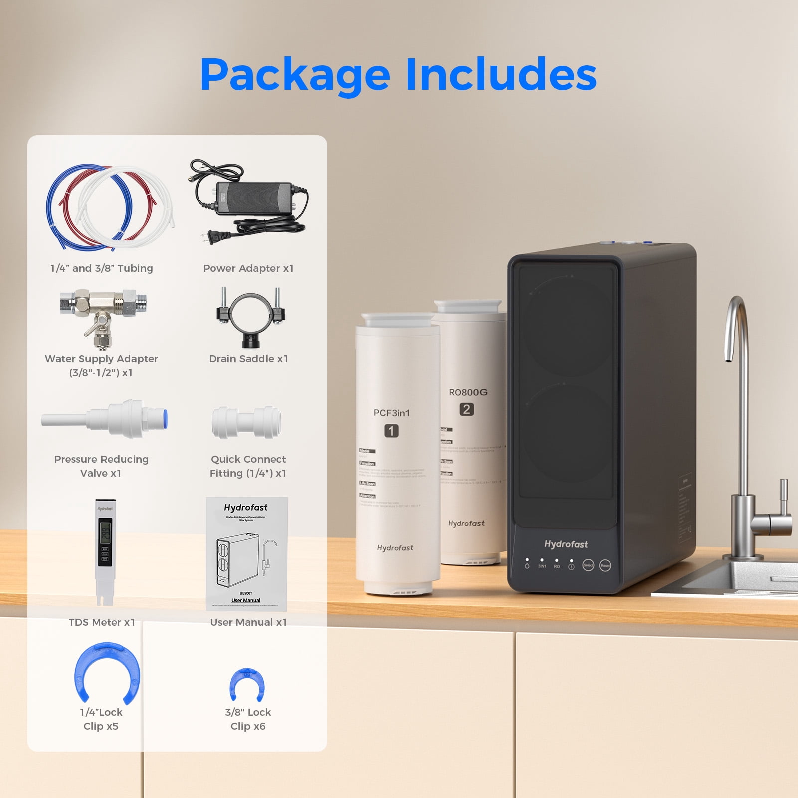 800G Undersink RO Water Purifier with 9-Stage Filtration, TDS Meter, and 5 Sec/8oz Fill Speed Hydrofast UB200T