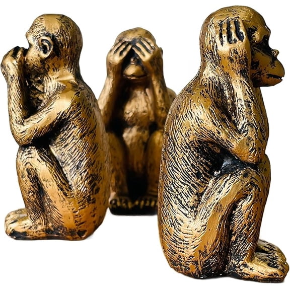 Monkeys Statue Set of 3- Resin Monkey Figurines for Office and Home Decor - Memorable Gift Option - Gold