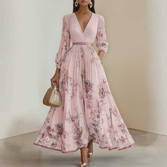 HBYJLZYG Women's Floral Maxi Dress, V-Neck Pleated Waist Long Sleeve with Tie Belt, Elegant Flowy A-Line Formal Party Vacation Wear for Women