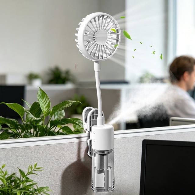 Mini Desktop Handheld Clip-On Fan and Mist Humidifier with 4-Speed Quiet Airflow, Rechargeable, Portable, for School, Home, Outdoor