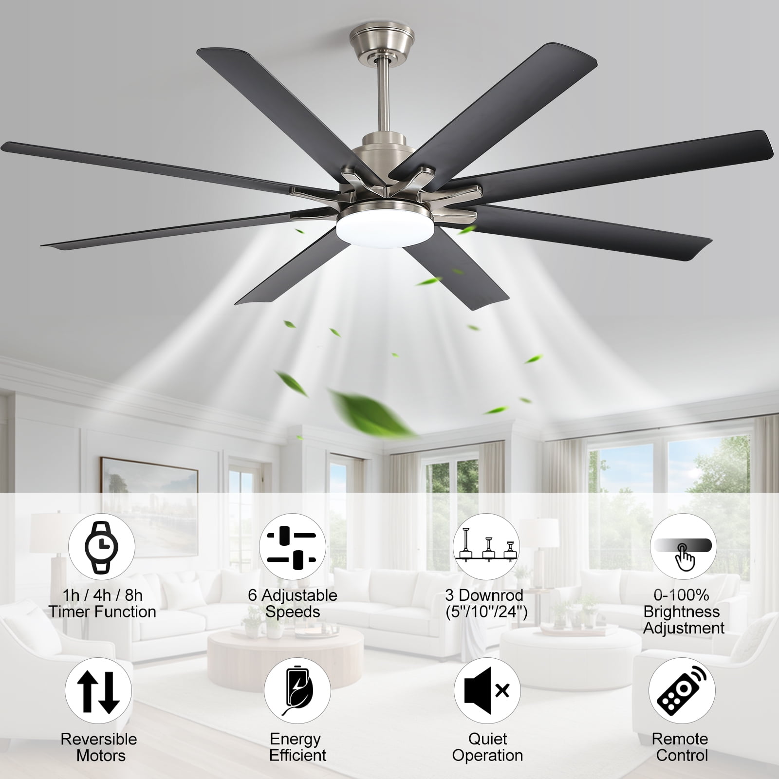 Sofucor 66" Modern Black Ceiling Fan with Light ,Phone APP and Remote,Voice Control