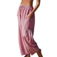 thumbnail image 3 of Women's Wide Leg Striped Pants Casual Loose Drawstring Low Waist Palazzo Harem Pants with Pockets Red S, 3 of 7