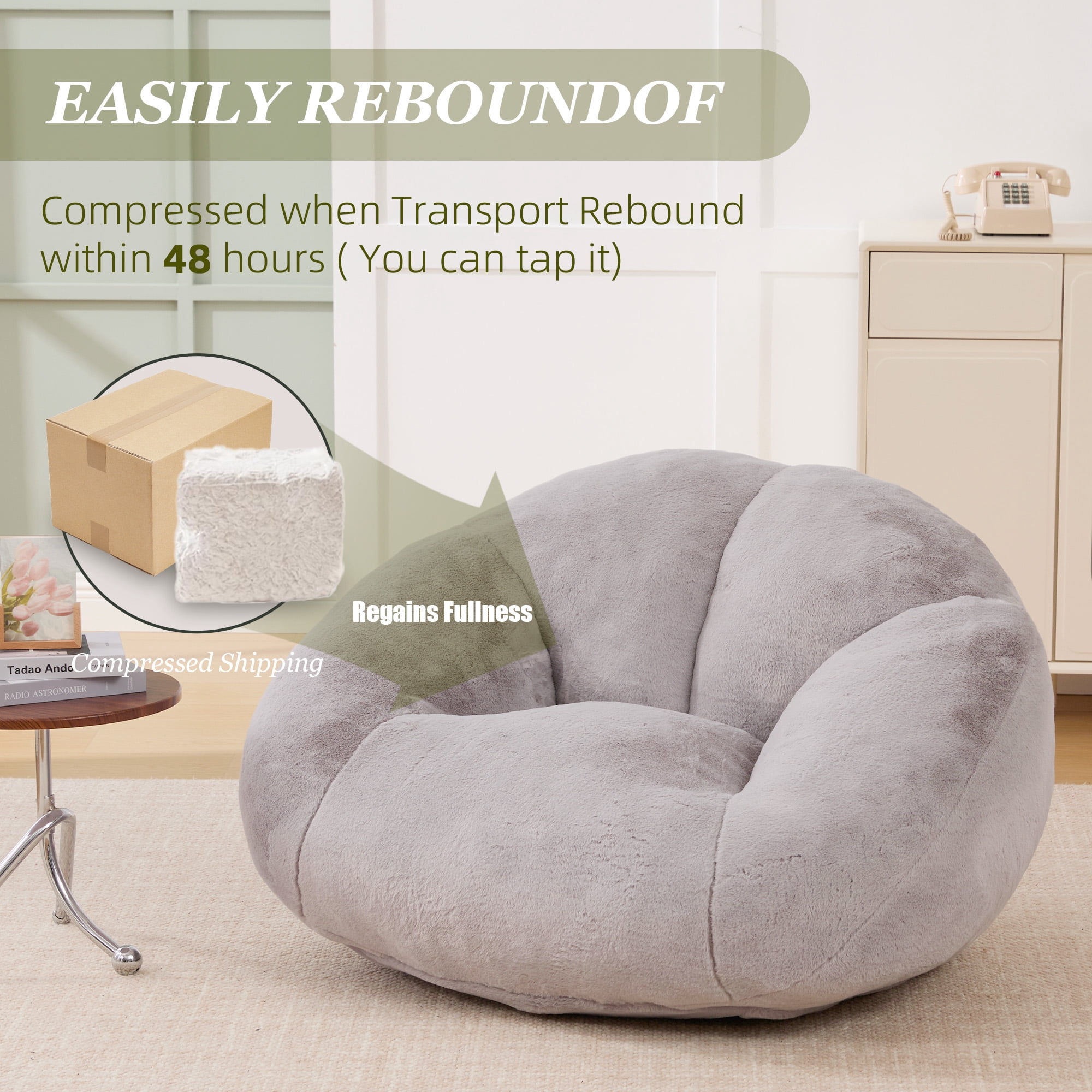 MOONMISS Bean Bag Chair for Adults & Teen,Floral Shaped Memory Foam Deep Sink-in Breathable Faux Fur Bean Bag Sofa,Easy to Clean for Living Room & Dorm,Light Gray