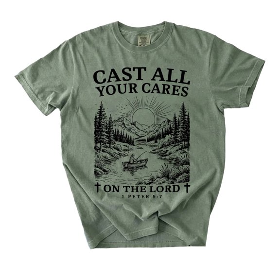 Christian Shirt, Cast All Your Cares Lord 1 Peter 5:7 Nature River Fishing Boat Tee, Faith Bible Verse Religious T-Shirt