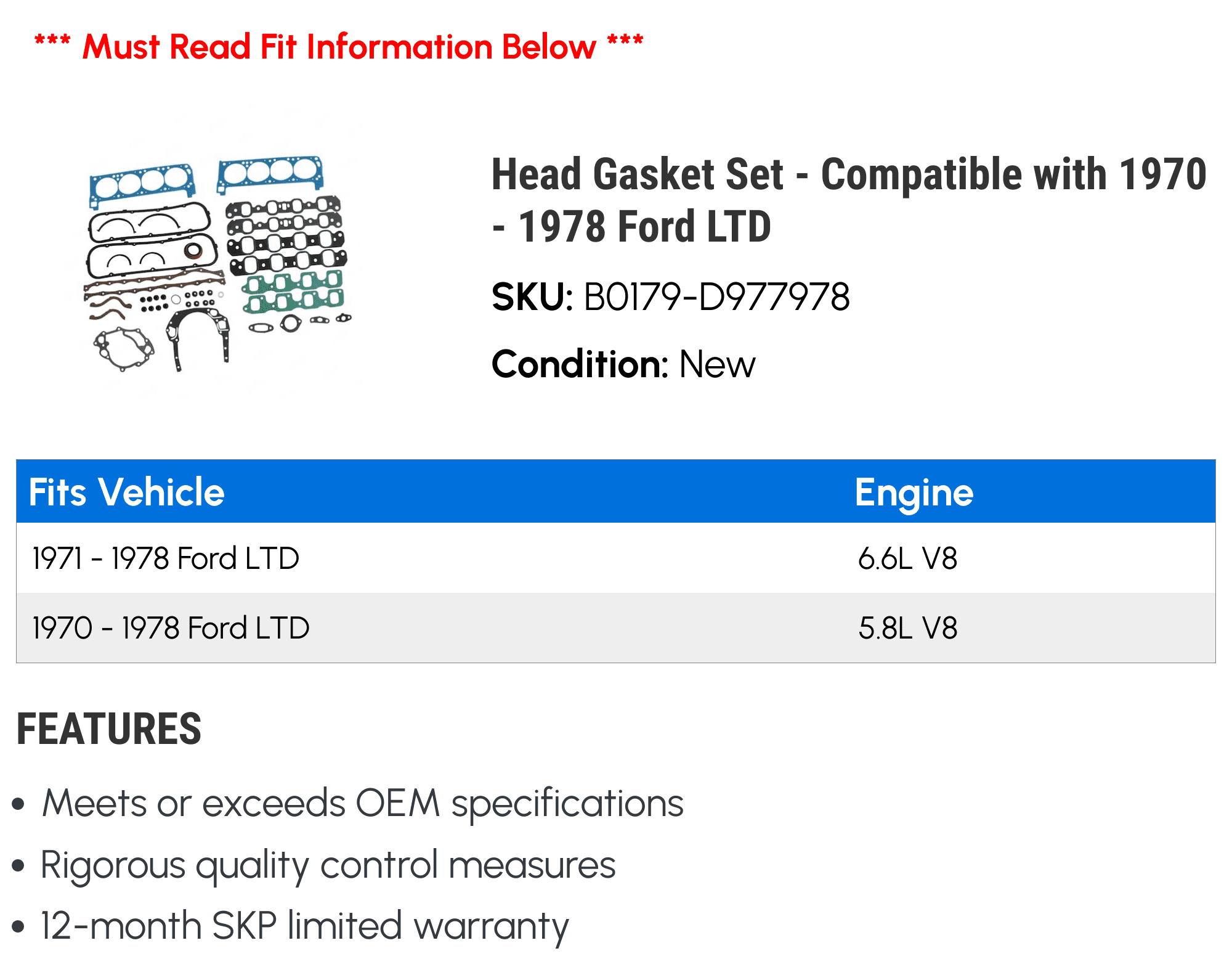 Head Gasket Set - Compatible with 1970 - 1978 Ford LTD 1971 1972 1973 1974 1975 1976 1977