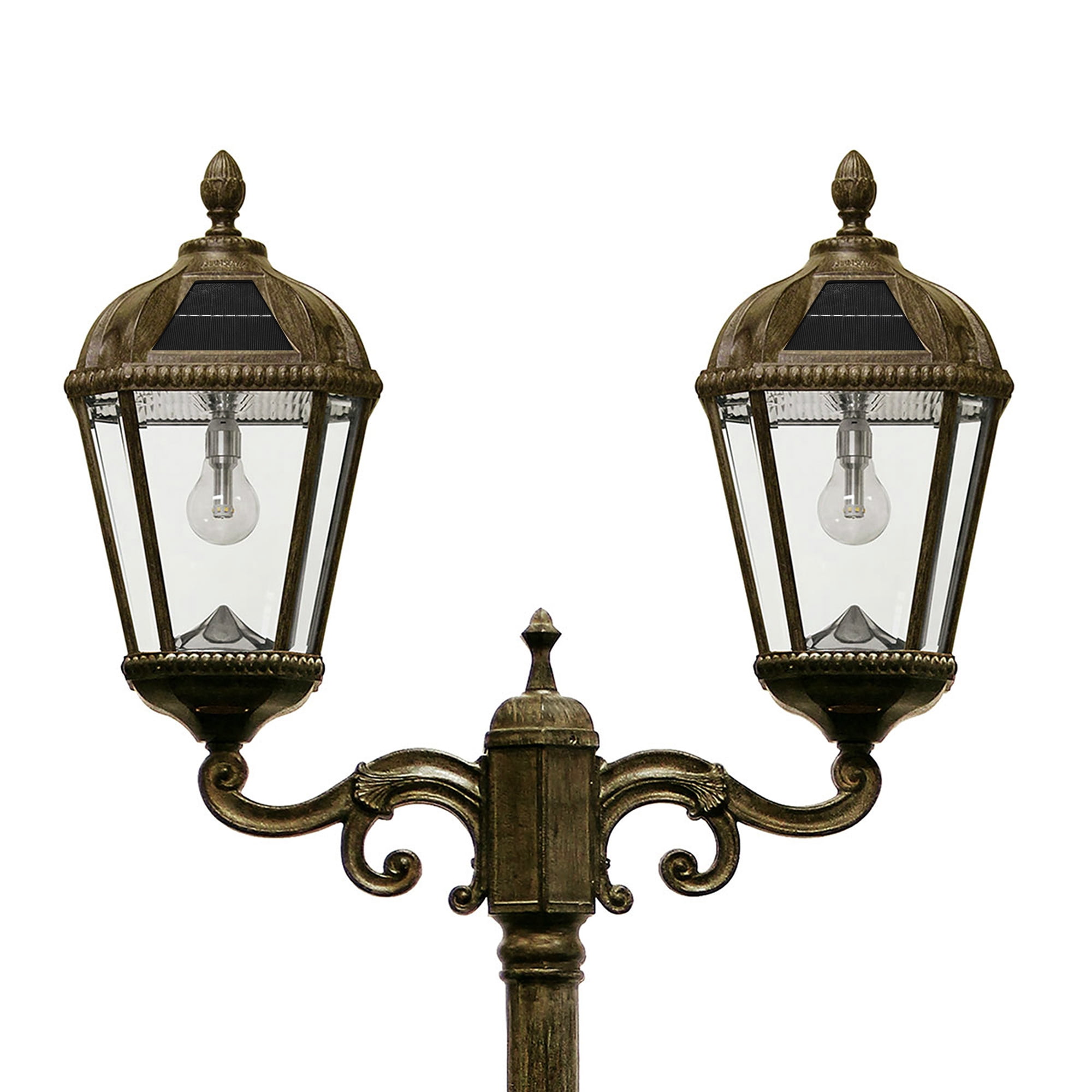 Gama Sonic Outdoor Solar Lamp Post Light Kit, Royal Bulb 300 Lumens, Double Head Weathered Bronze Cast Aluminum and Clear Beveled Glass Post Lamp, Light Pole, and Warm White Light 2700K, 98B302