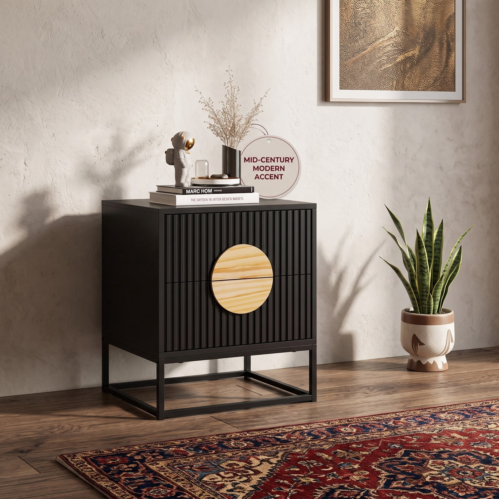 Furnibear Mid Century Fluted 2-Drawer Nightstand with Natural Pine Wood Handle and Metal Base for Bedroom, Black and Natural