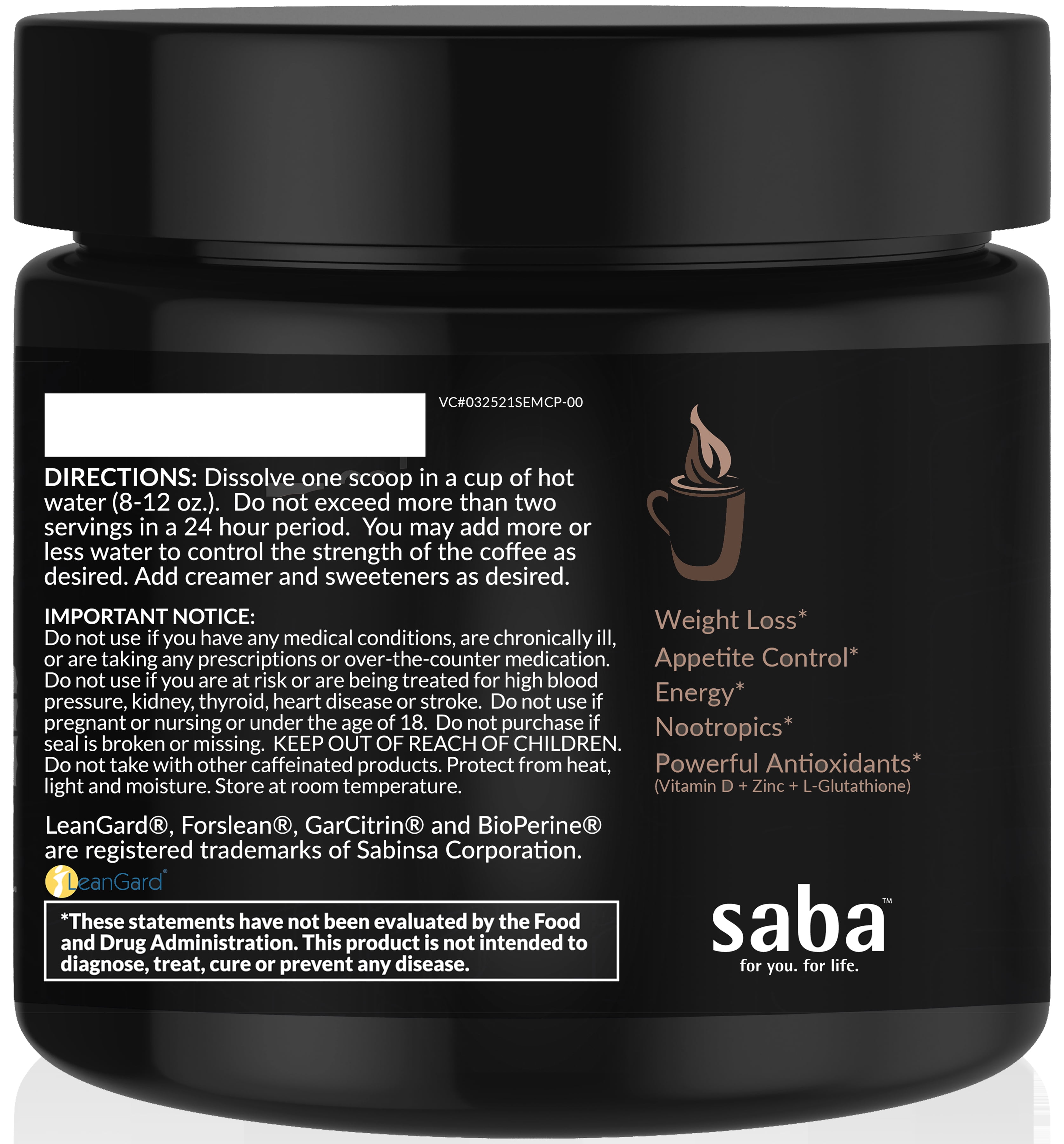 Saba Empower Smart Coffee Plus - 30 Servings, Supports Immune, Energy, Weight Management