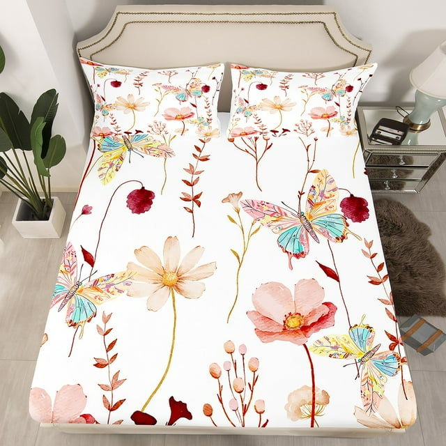 YST Drap-Housse Ajusté à Motif Papillons et Fleurs pour Femmes, Format Simple, Draps de Lit Fleurs Rouges et Beiges pour Filles, Ados et Adultes, Ensemble de Literie Rustique Style Ferme, Branches Pastorales, Draps Esthétiques, Sans Drap Plat