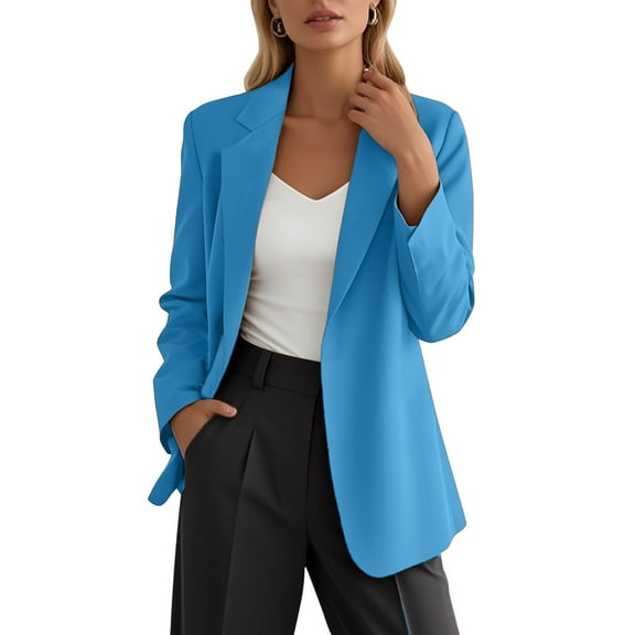 Hpapadks Womens Blazers for Work Casual Plus Size Workwear Stylish Versatile Long Sleeve Solid Cardigan Suit Coat Blue L