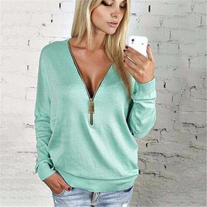 V-Neck Zipper Pullover Sweater 