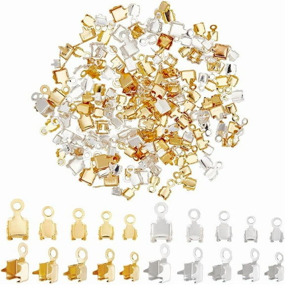 200pcs 5 Sizes Brass Cup Chain Ends Rhinestone Claw Settings Cup Chain Connector Crimp Cord Ends Tips Terminators with Loop for Bracelet Rhinestone Chain Jewelry Making Gold/Silver