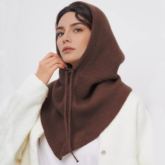 Winter Knit Hooded Scarf Men Women Warm Drawstring Beanie Neck Warmer 2-in-1 Hat