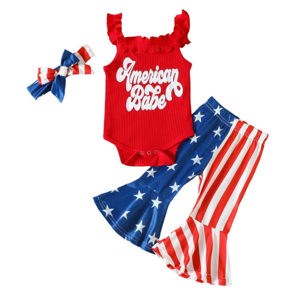 Zanarzt Baby Girls First 4th Of July Outfit Toddler Baby Girl 4th Of July Outfits Tank Top Flare Pants Bell Bottom Leggings 3 Piece Set Red,18-24 Months
