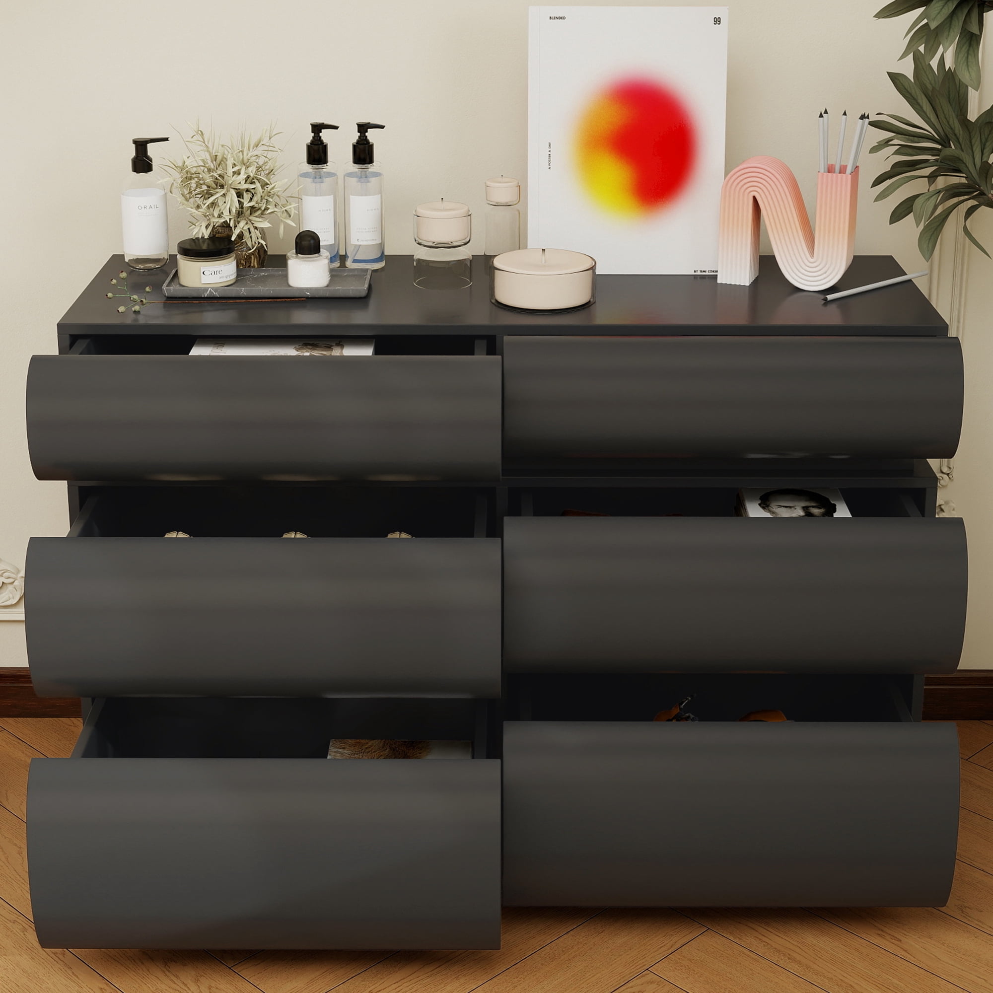 HIUU Modern dressers & chests of drawers with 6 Drawers,Dresser Cabinet Clothes Storage for Bedroom, Wooden Cabinet Dressers Drawers with Spacious Tabletop,Black