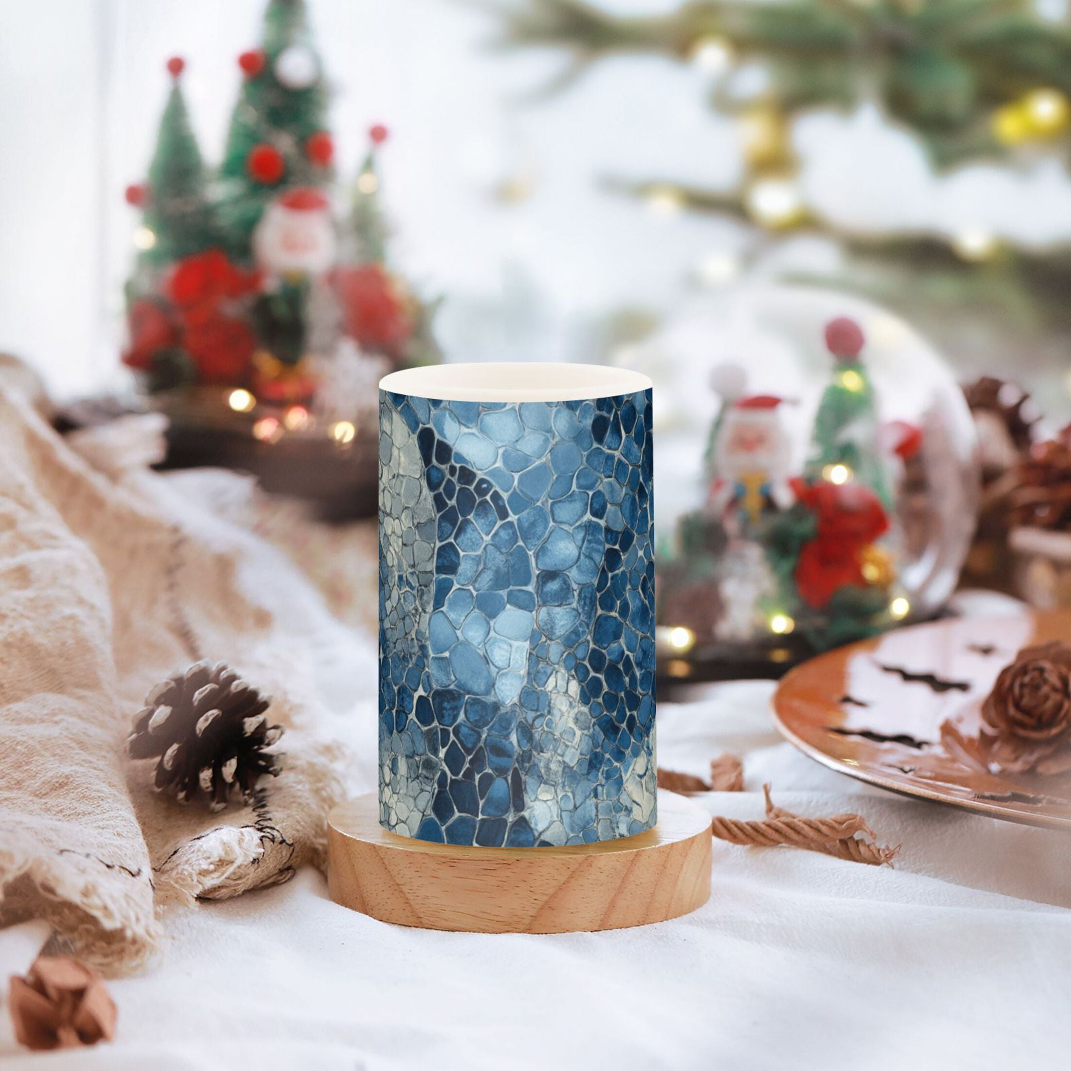 Blue Snake Skin Vintage Flickering Flameless Candles LED Tealight Battery Operated with Remote Set of 2 Holiday Decor Ornaments