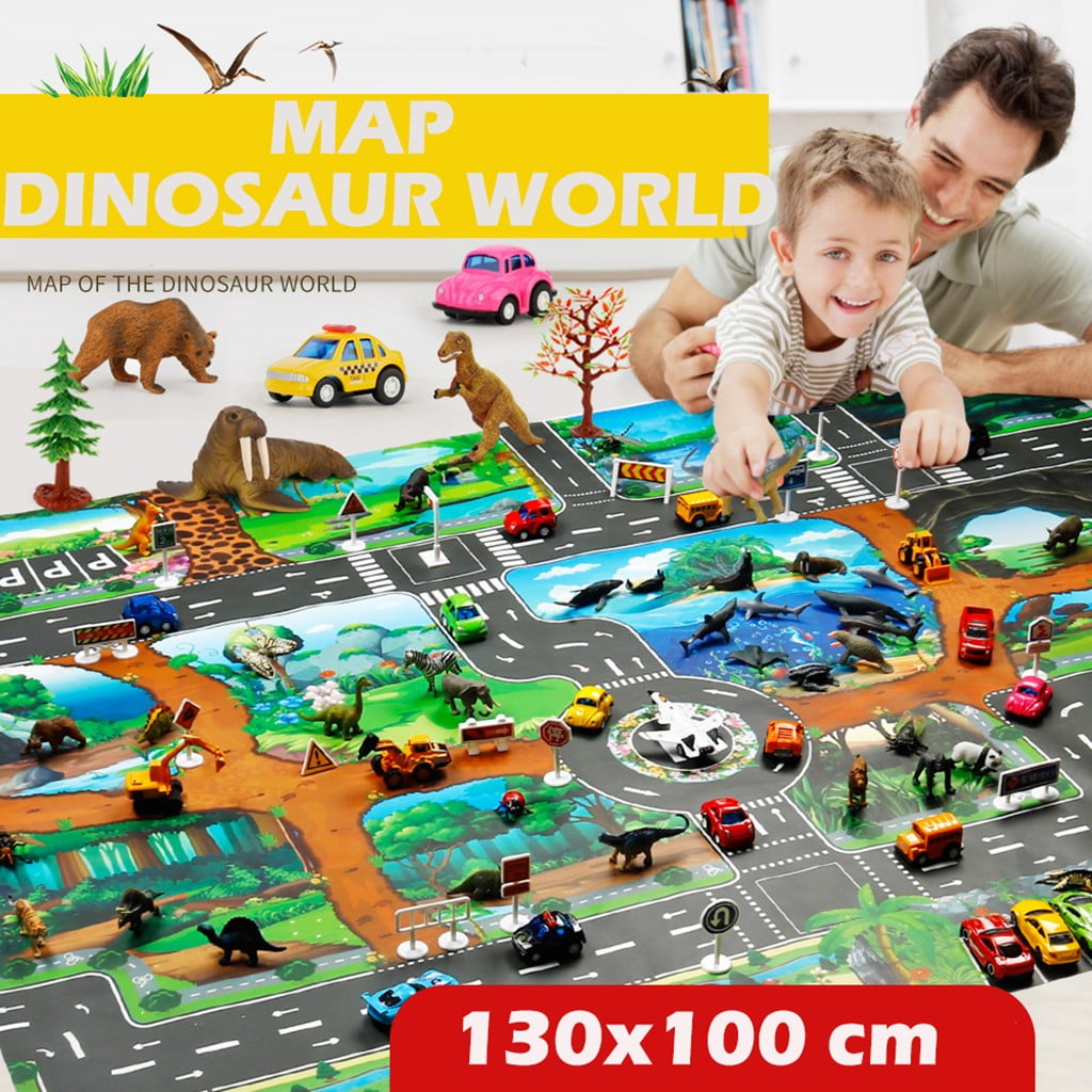 Dinosaur World Traffic Play Mat Rug Carpet Car Vehicles Toy Infant Kid Crawl 