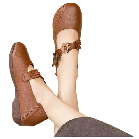 Mepaouo Womens Leather Flats Shoes Dressy Floral Slip on Flats Strap Soft Work Ballet Walking Shoes