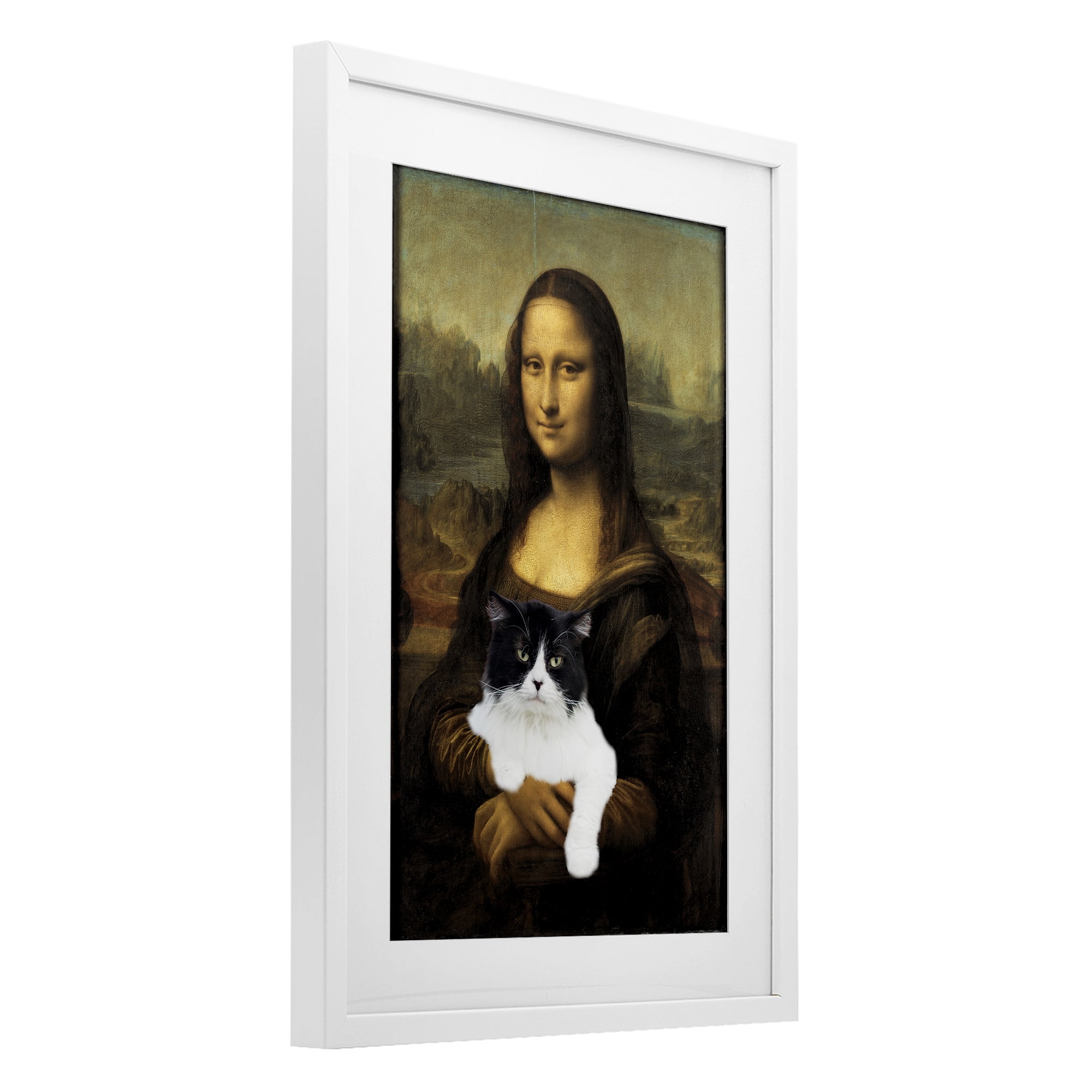 Mona Lisa Cat Lady White Framed Print Under Glass, design by Masters Redux