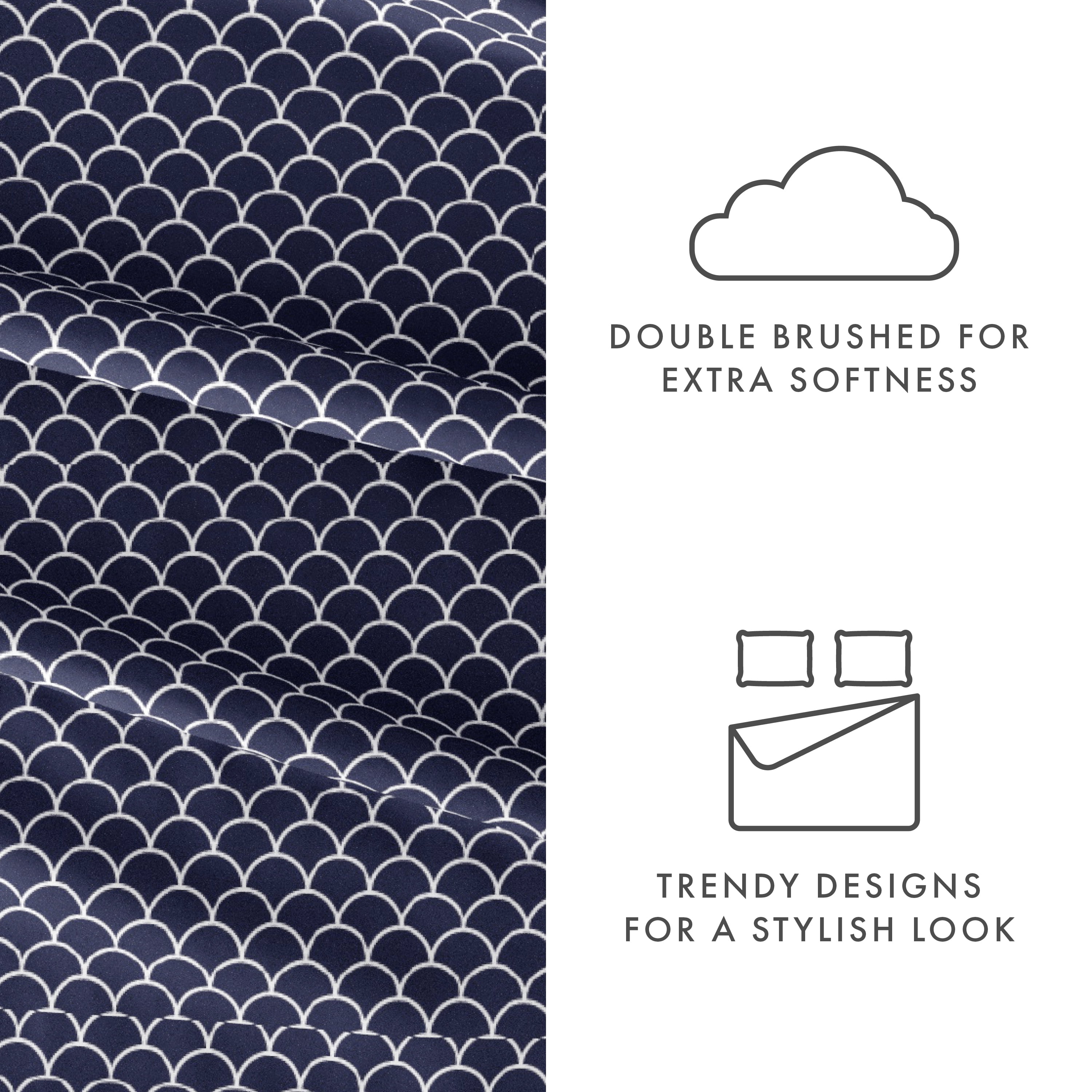 Noble Linens 4 Piece Pattern Microfiber Bed Sheets Set, Navy Scallops, Queen