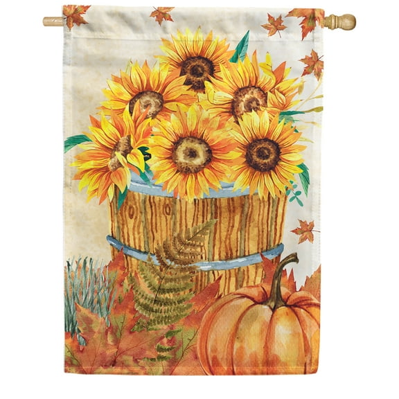America Forever Fall Sunflower Basket House Flag 28 x 40 inch Autumn Harvest Pumpkins Fall Leaves Floral Farmhouse Seasonal Yard Outdoor Double Sided Decoration