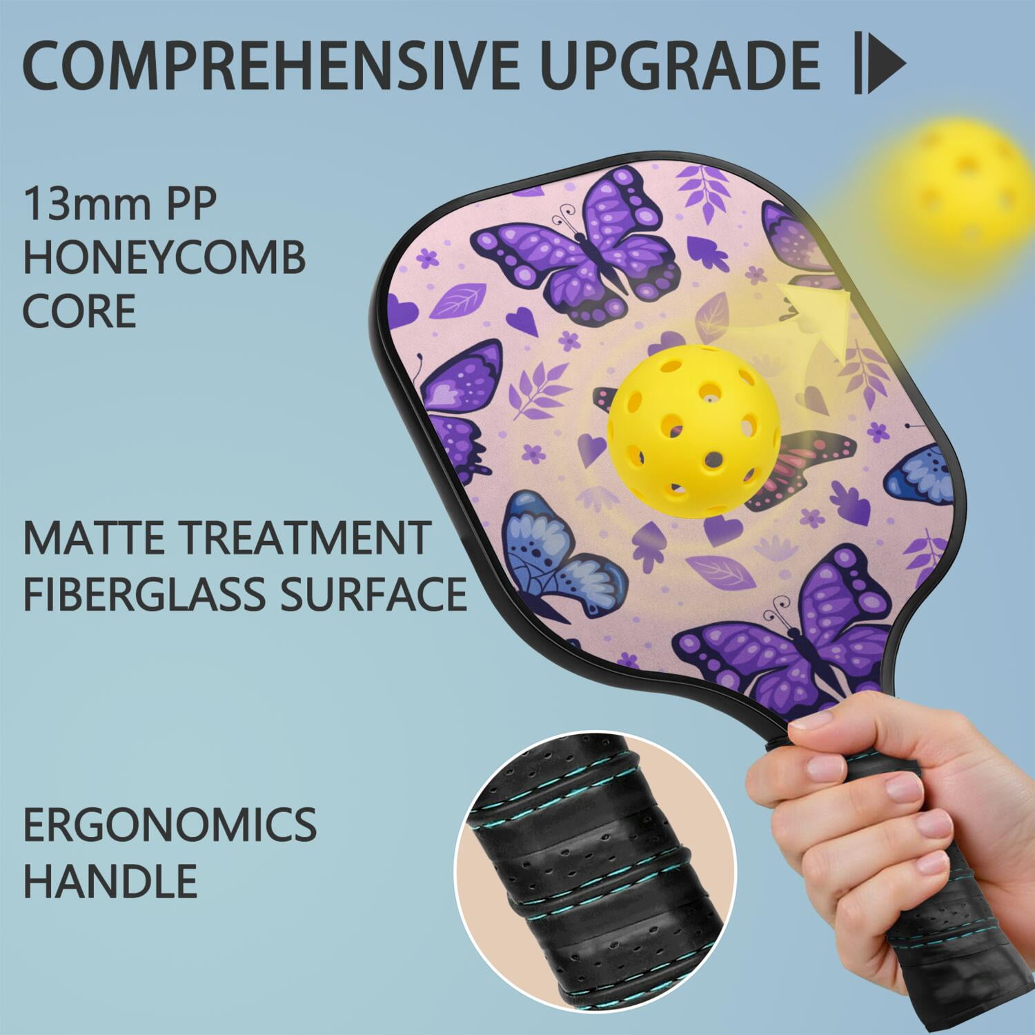 Pickleball Paddles Set Of 1, Fiberglass Surface, Boho Butterfly Decor, 1 Paddle, 2 Balls & Bag