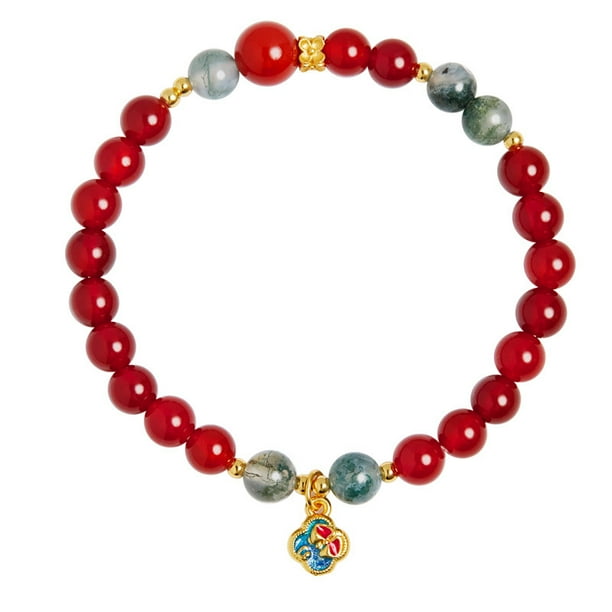 Pulsera de ágata roja para mujer con colgante de cuatro hojas en forma de cloisonné
