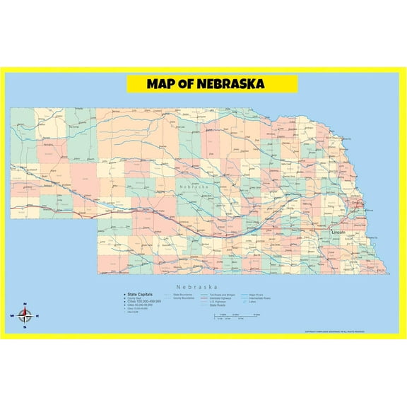 Nebraska Map Poster - Laminated Wall Map - Style A - 18x24 - Ideal for Classrooms and Homes – Features Bright Colors and Vivid Imagery