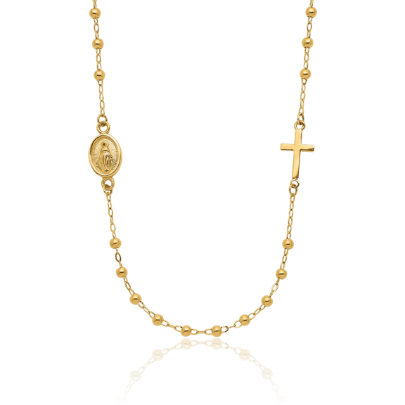 14K Solid Yellow Gold Our Lady of Miraculous Medal Blessed Virgin Mary Holy Cross Rosary Bead Chain Necklace