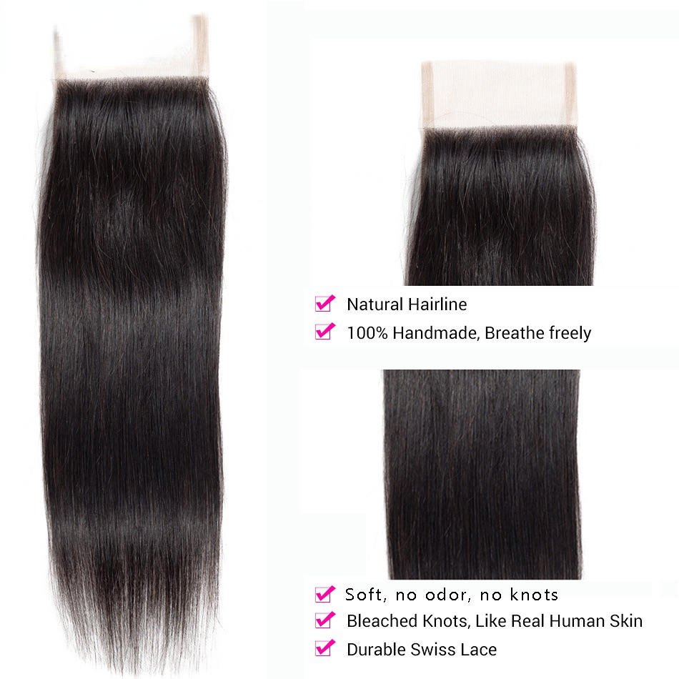Peruvian Hair Bundles Peruvian Virgin Hair 100% Human Hair 4X4 Transparent Lace Closure Straight Wig Extensions Free Part Natural Black