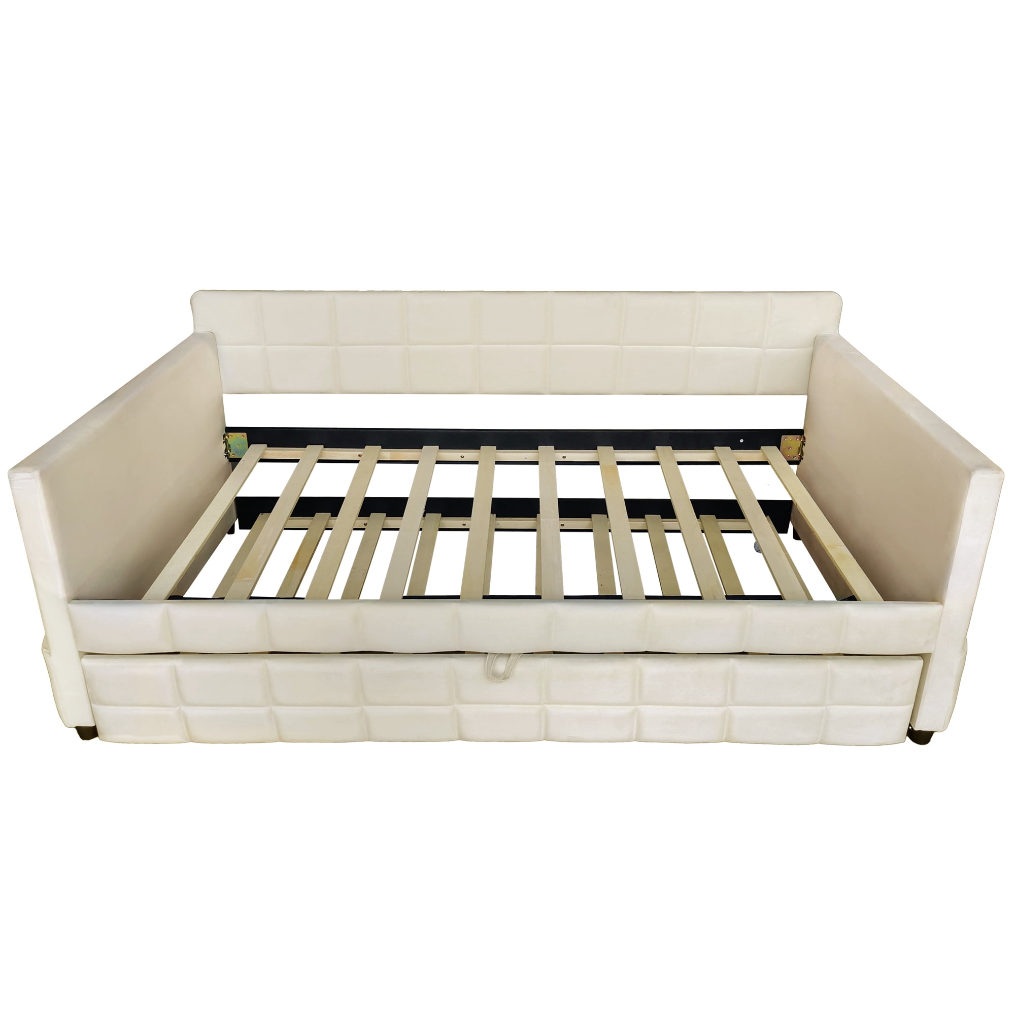 Aukfa Modern Twin Daybed with Trundle, Velvet Upholstered Bed Frame with Storage Pockets, Space-Saving Sofa Bed for Living Room, Bedroom, Beige