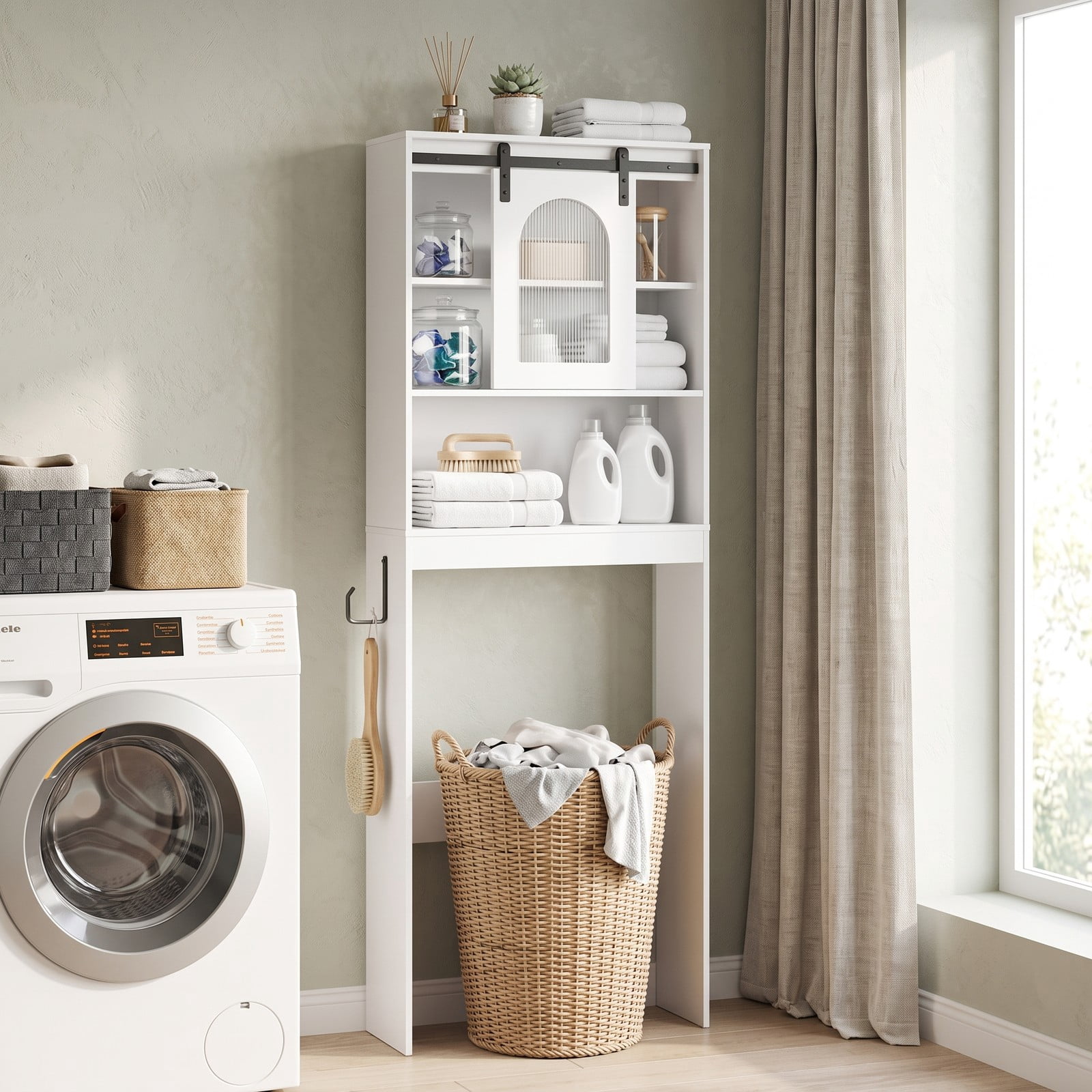 Fenbeli Over The Toilet Storage Cabinet with Sliding Barn Door and Open Shelves, Farmhouse Bathroom Space Saver Organizer Over Toilet Rack with Side Hooks, White
