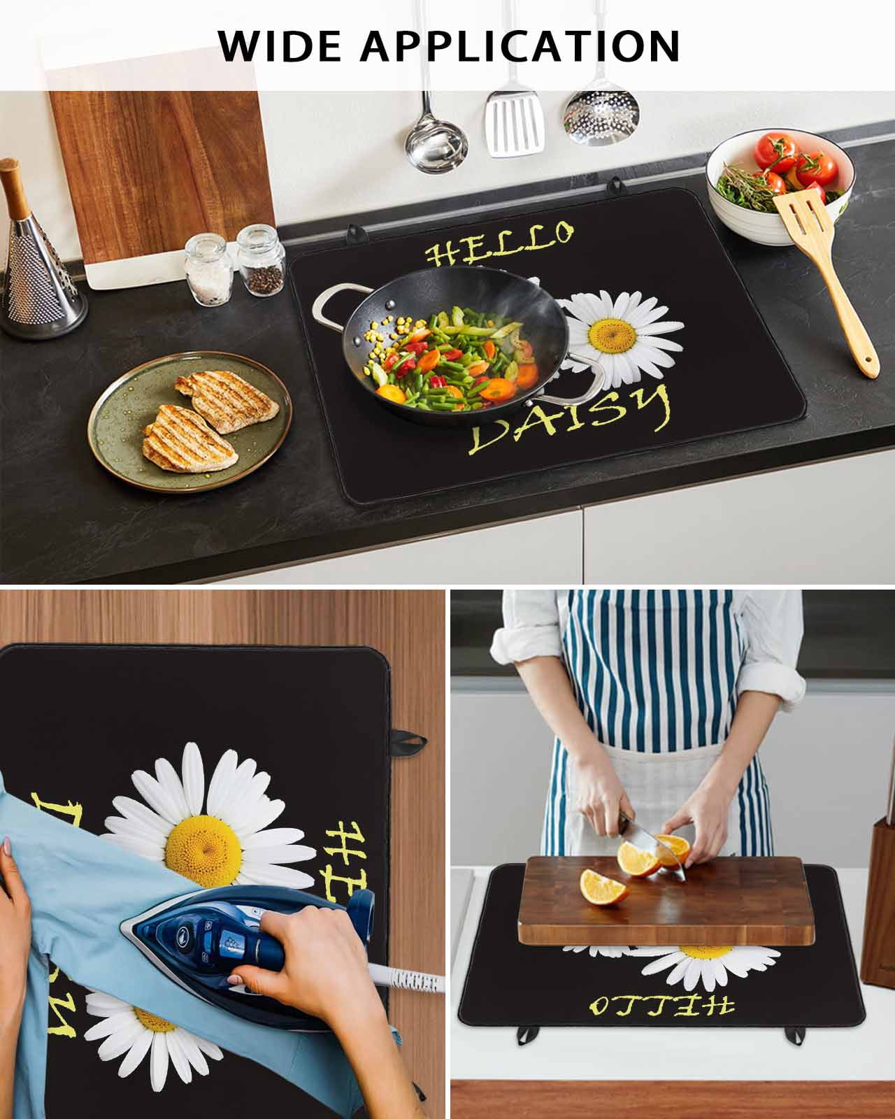 Large Induction Cooktop Protector Mat White Daisy Stove Top Covers for Electric Stove, Spring Hello Daisy Floral Black Decorative Stove Burner Cover Mats, Glass Top Stove Cover