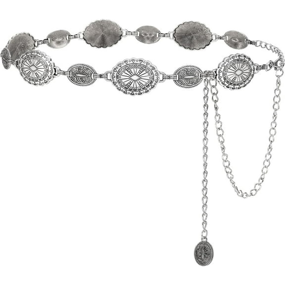 Women Turquoise Concho Chain Waist Belt Silver Western Cowgirl Metal Chain Belt for Dress Adjustable
