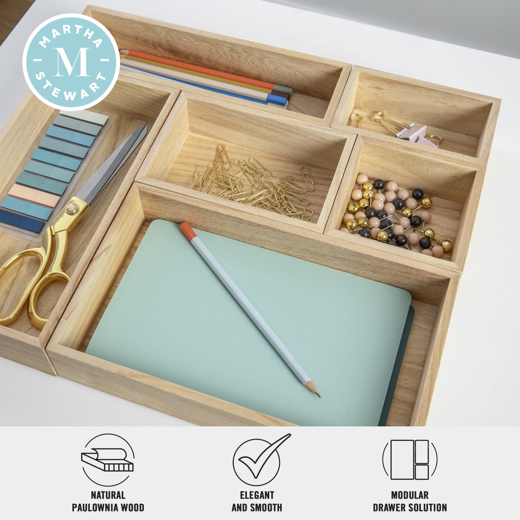 Martha Stewart Enzo 6 Piece Wooden Desk Drawer Organizer Set in Light Natural