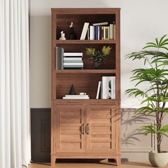 71 Inch Tall Bookcase, 5 Tier Farmhouse Bookshelf with Doors & Adjustable Shelf, Wooden Dispaly Cabinet,for Small Spaces Apartments, Brown