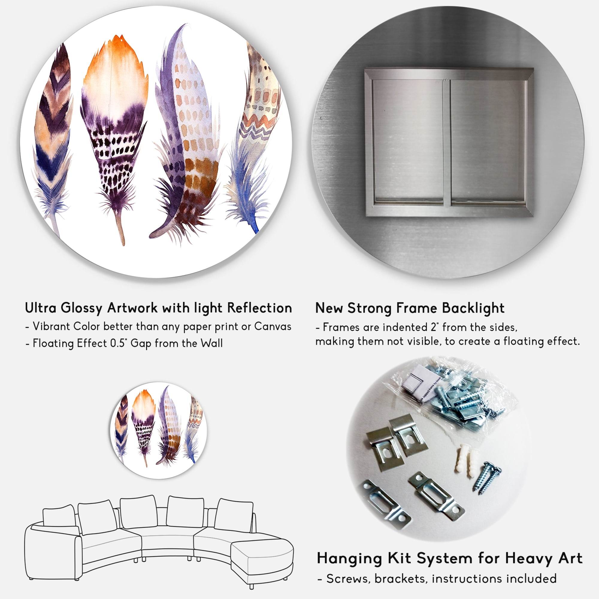 Designart 'Purple Boho Art Feathers' Bohemian & Eclectic Circle Metal Wall Art 36x36 - Disc of 36